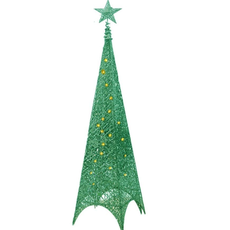 Brad de Craciun artificial, metalic, verde, cu LED galben – 182 cm, pliabil pentru exterior și interior, brad artifi - BUZ.RO
