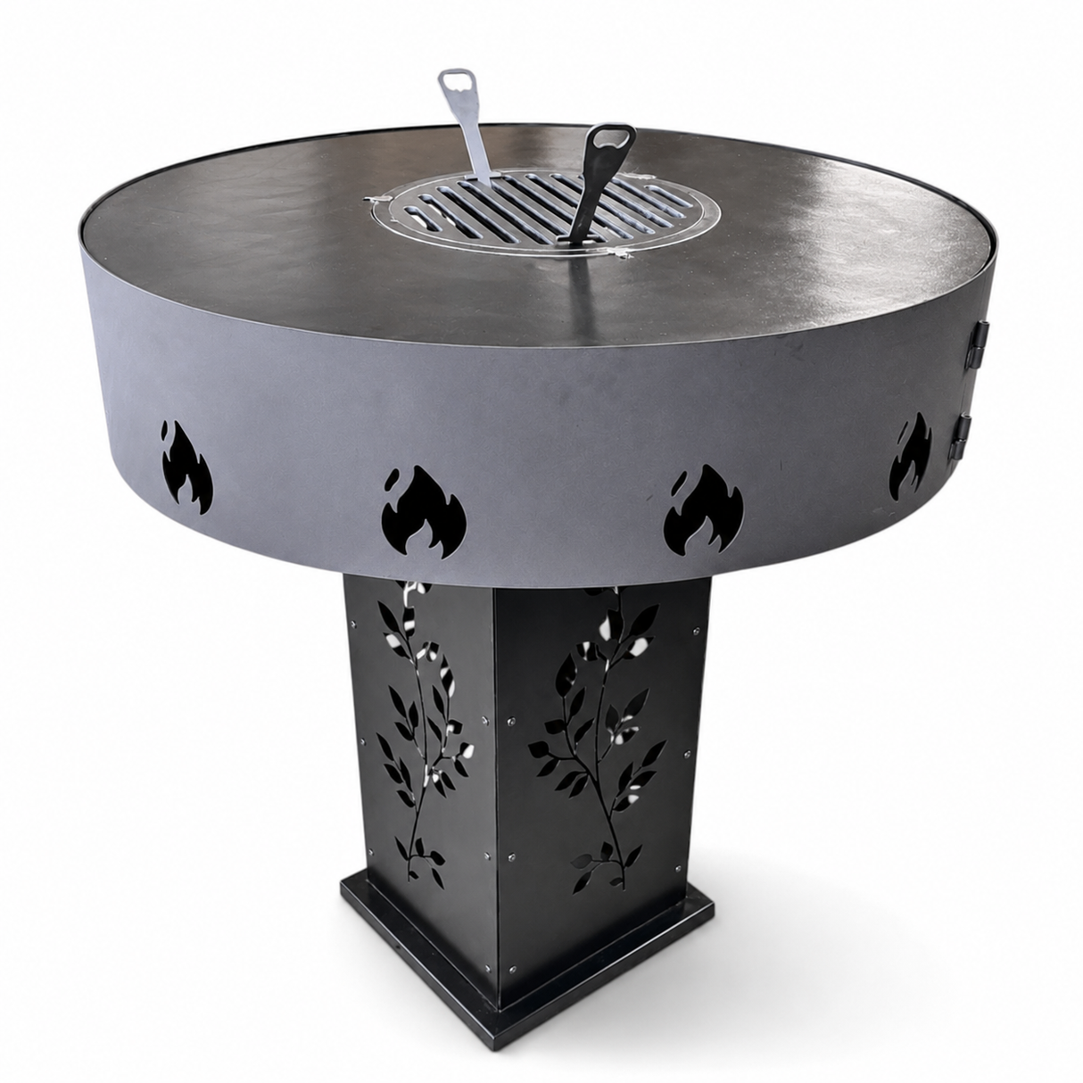 Gratar Gradina 4in1 Rotund plita 90cm |grosime 10 mm Fire Pit din fier pe lemne| terasa|multifunctional cu suport ceaun inclus