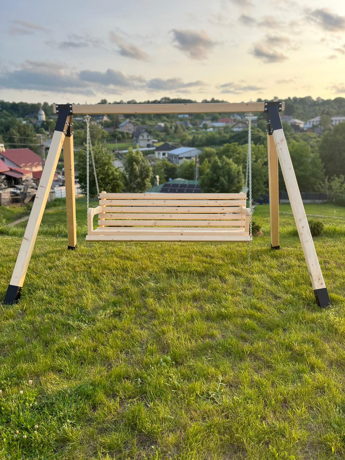 Balansoar / leagan gradina cu structura din lemn de brad, cu conectori metalici, rustic, 3 persoane, set pentru terasa / curte, culoare natur, 150 KG