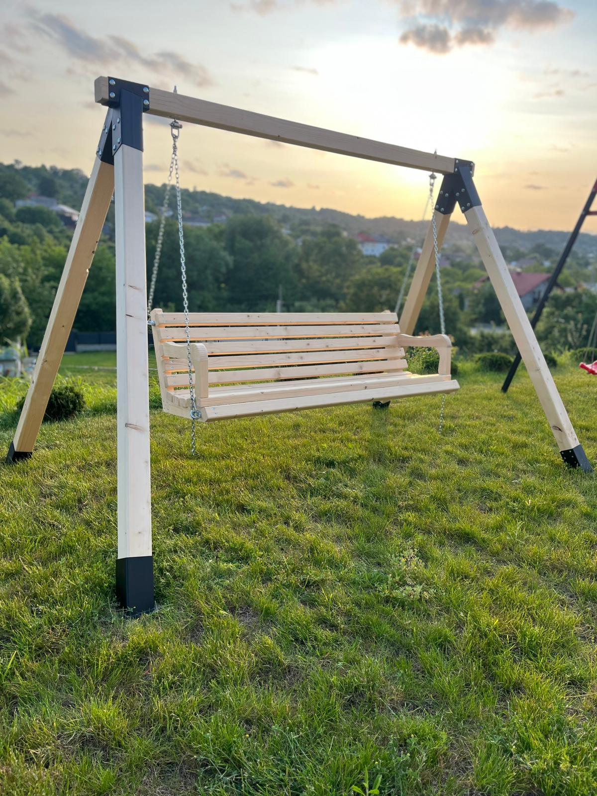Balansoar / leagan gradina cu structura din lemn de brad, cu conectori metalici, rustic, 3 persoane, set pentru terasa / curte, culoare natur, 150 KG