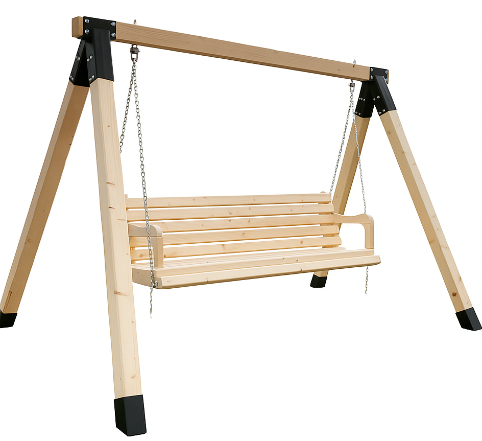 Balansoar / leagan gradina cu structura din lemn de brad, cu conectori metalici, rustic, 3 persoane, set pentru terasa / curte, culoare natur, 150 KG