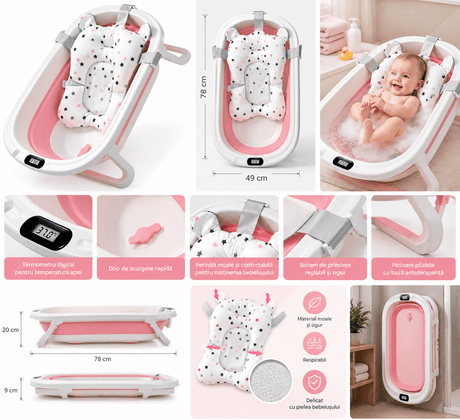 Cadita bebe cu suport, cadita de baie, pliabila, cu pernuta , termometru, usor de utilizat, picioare antiderapante, varsta 0-3 ani, albastru ROZ - BUZ.RO