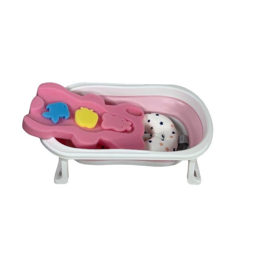 Cadita de baie pliabila, cu pernuta si bureti, termometru, pliere rapida, usor de utilizat, picioare antiderapante, varsta 0 - 3 ani, 25l, roz, buz - BUZ.RO