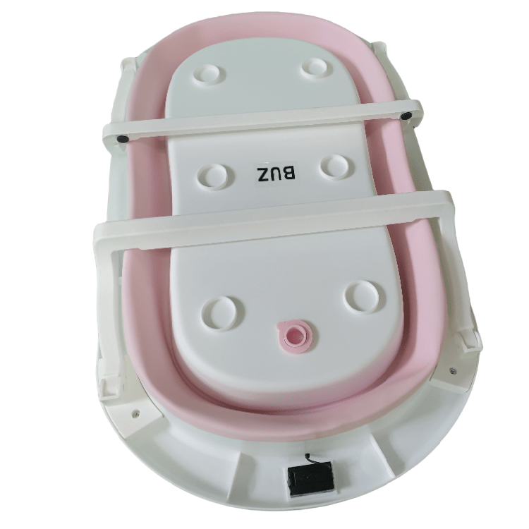 Cadita de baie pliabila, cu pernuta si bureti, termometru, pliere rapida, usor de utilizat, picioare antiderapante, varsta 0 - 3 ani, 25l, roz, buz - BUZ.RO