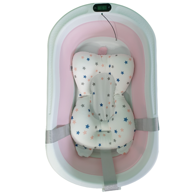 Cadita de baie pliabila, cu pernuta si bureti, termometru, pliere rapida, usor de utilizat, picioare antiderapante, varsta 0-3 ani, 25l, roz, buz
