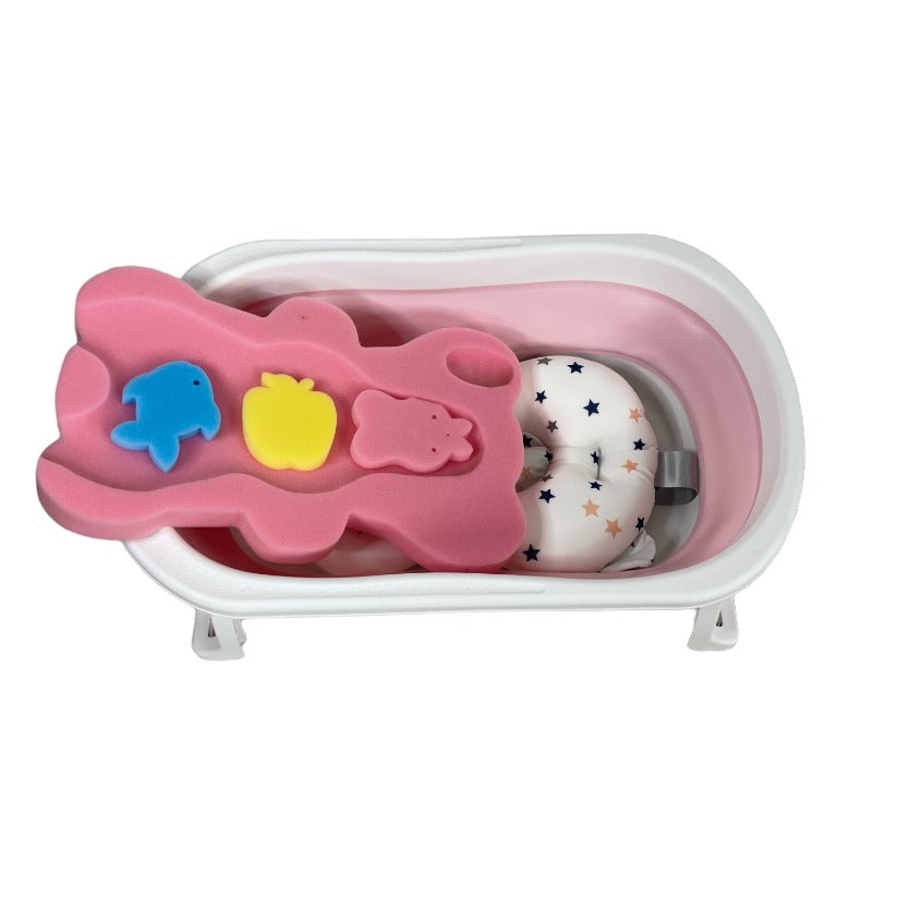 Cadita de baie pliabila, cu pernuta si bureti, termometru, pliere rapida, usor de utilizat, picioare antiderapante, varsta 0-3 ani, 25l, roz, buz