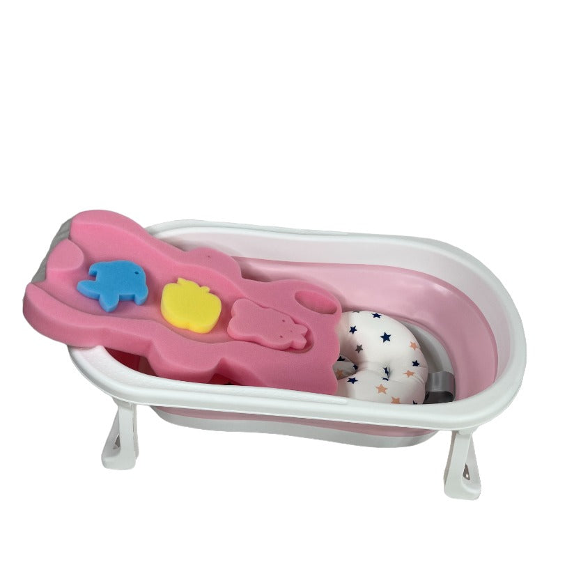 Cadita de baie pliabila, cu pernuta si bureti, termometru, pliere rapida, usor de utilizat, picioare antiderapante, varsta 0-3 ani, 25l, roz, buz