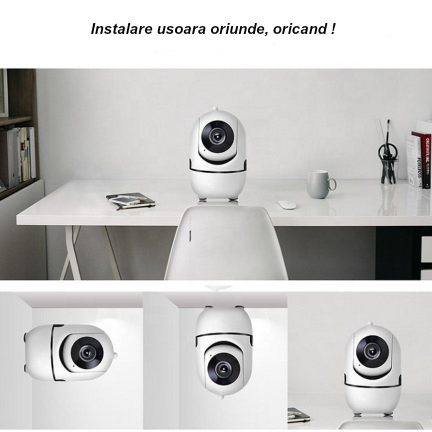 Camera de supraveghere video, WIFI, smart, 1080P, senzor audio, inregistrare pe card, microfon, rotire 360 grade, vedere panoramica, alba - BUZ.RO