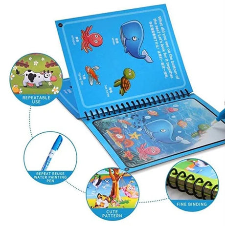 Carte de colorat, cu apa, Magic Book, reutilizabil, diverse modele, tip montessori, animale marine
