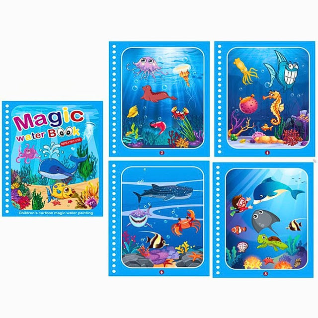 Carte de colorat, cu apa, Magic Book, reutilizabil, diverse modele, tip montessori, animale marine - BUZ.RO