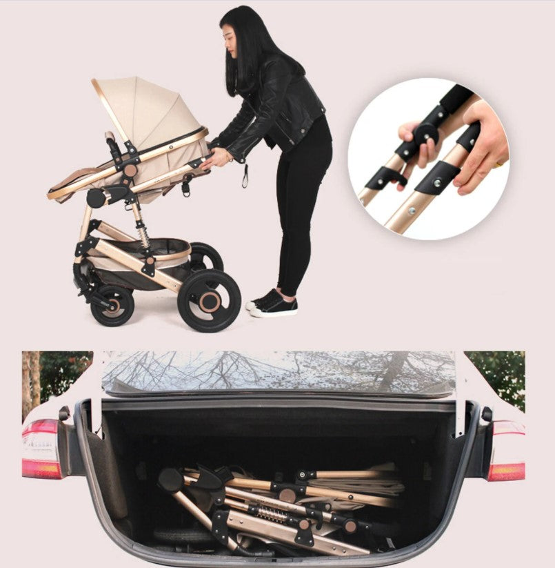 Carucior premium 3in1, 4 anotimpuri, cos de dormit, scaun auto, cadru pentru dormit nou nascut, crem