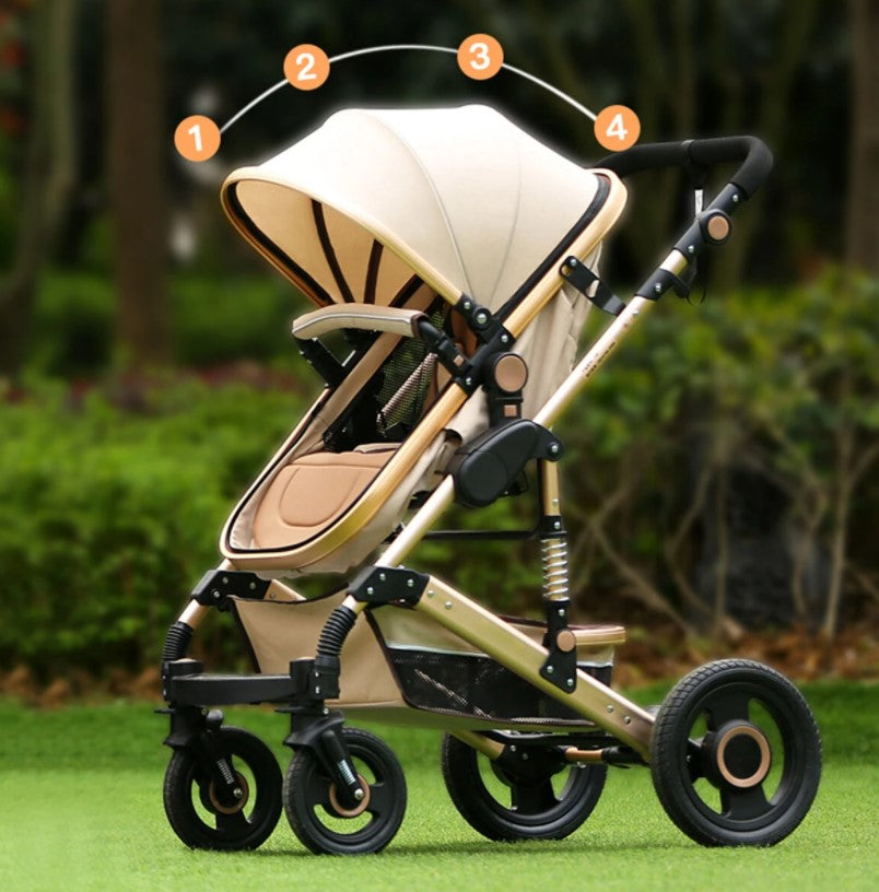 Carucior premium 3in1, 4 anotimpuri, cos de dormit, scaun auto, cadru pentru dormit nou nascut, crem
