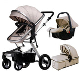Carucior premium 3in1, 4 anotimpuri, cos de dormit, scaun auto, cadru pentru dormit nou nascut, crem