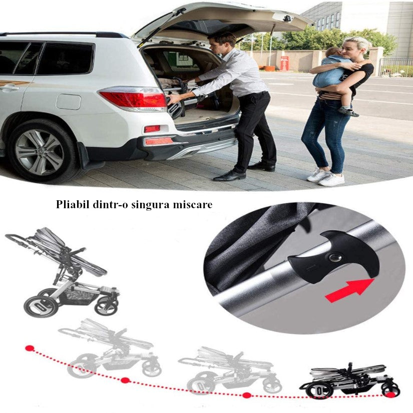 Carucior premium 3in1, 4 anotimpuri, cos de dormit, scaun auto, cadru pentru dormit nou nascut, crem