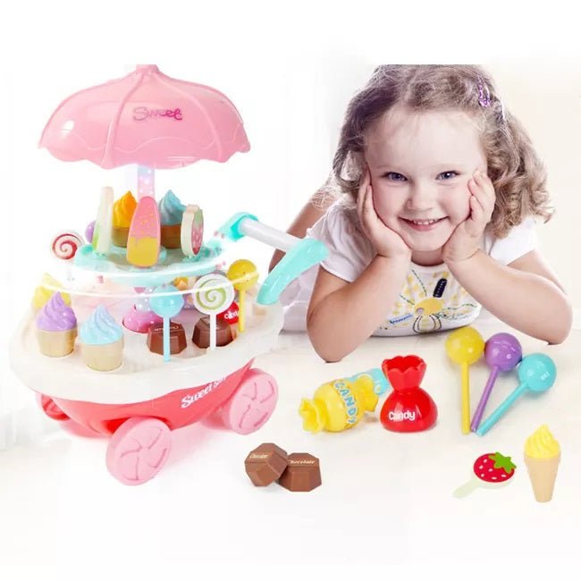 Carucior tip carusel cu inghetata si dulciuri, jucarie cu lumini si sunete, plastic, multicolor, 30x27 cm - BUZ.RO