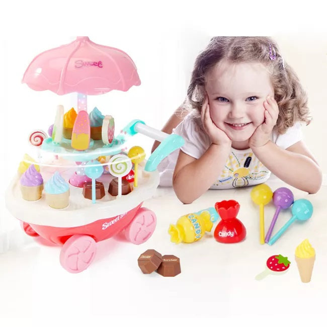 Carucior tip carusel cu inghetata si dulciuri, jucarie cu lumini si sunete, plastic, multicolor, 30x27 cm