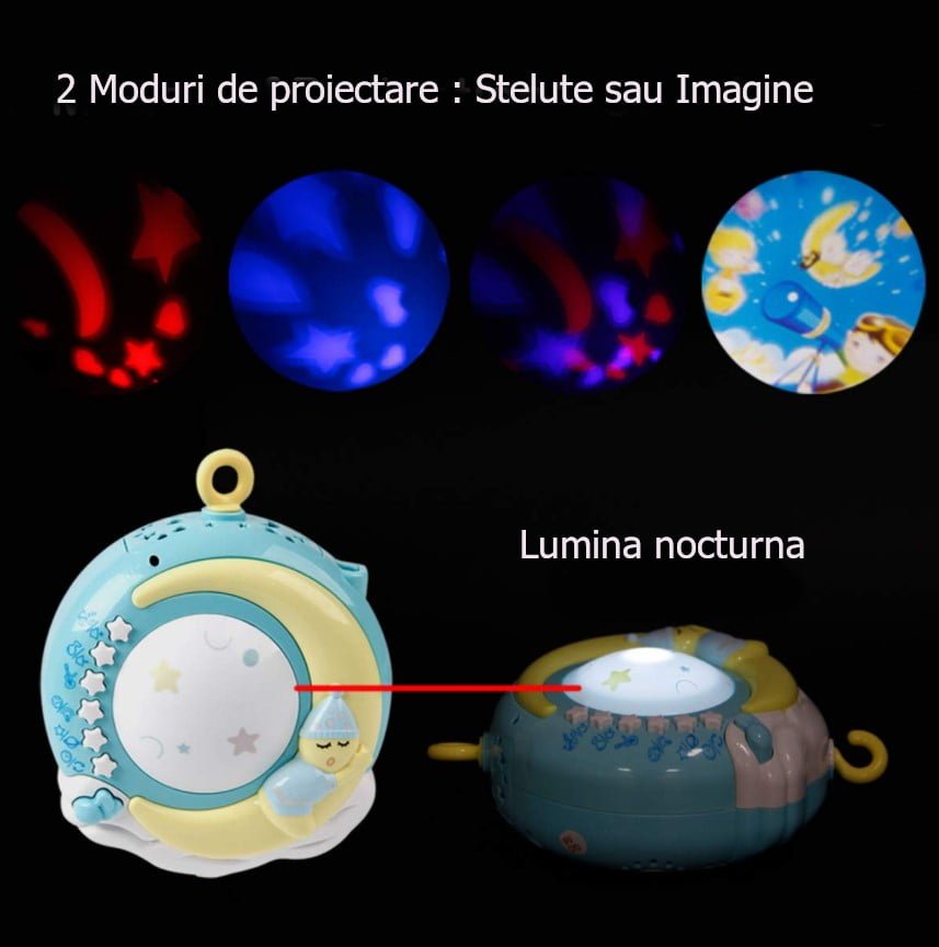 Carusel muzical pentru patut cu jucarii detasabile, cu telecomanda, rotatie 360, albastru