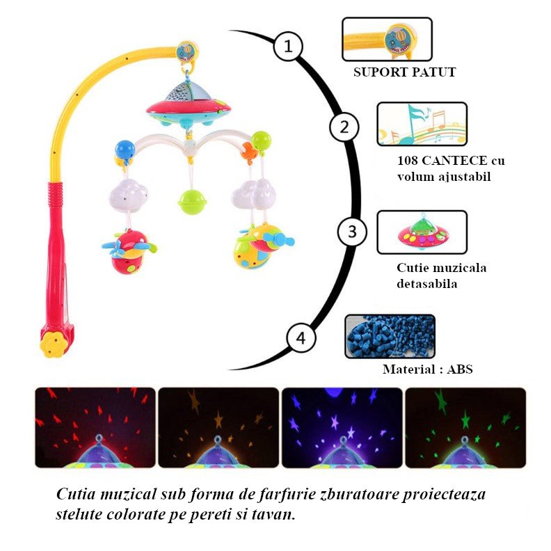 Carusel muzical pentru patut cu jucarii detasabile, rotatie 360°, multicolor - BUZ.RO