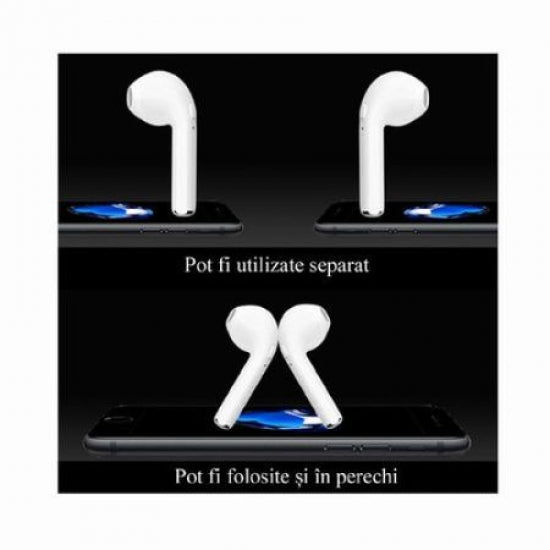 Casti bluetooth, i7 tws, wireless, incarcare USB, albe