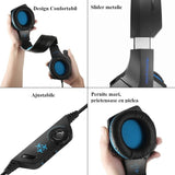 Casti gaming, HunterSpider V1 pro, super deep bass, lumina LED in 7 culori, microfon noise cancelling, protectie ureche din piele, negru - albastru - BUZ.RO