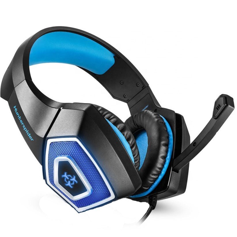 Casti gaming, HunterSpider V1 pro, super deep bass, lumina LED in 7 culori, microfon noise cancelling, protectie ureche din piele, negru - albastru - BUZ.RO