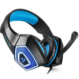 Casti gaming, HunterSpider V1 pro, super deep bass, lumina LED in 7 culori, microfon noise cancelling, protectie ureche din piele, negru - albastru - BUZ.RO
