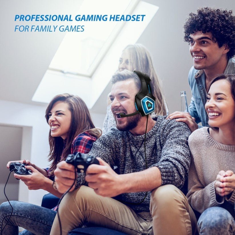 Casti gaming, HunterSpider V1 pro, super deep bass, lumina LED in 7 culori, microfon noise cancelling, protectie ureche din piele, negru - albastru - BUZ.RO