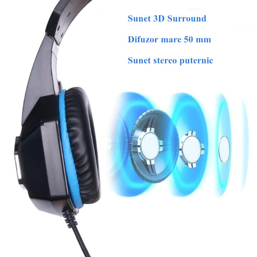 Casti gaming, HunterSpider V1 pro, super deep bass, lumina LED in 7 culori, microfon noise cancelling, protectie ureche din piele, negru - albastru - BUZ.RO