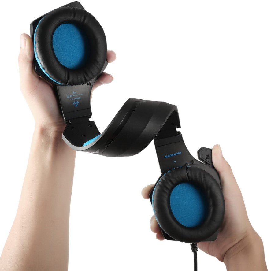 Casti gaming, HunterSpider V1 pro, super deep bass, lumina LED in 7 culori, microfon noise cancelling, protectie ureche din piele, negru-albastru