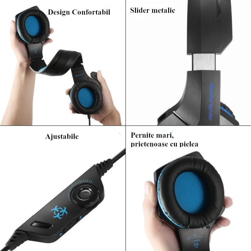 Casti gaming, HunterSpider V1 pro, super deep bass, lumina LED in 7 culori, microfon noise cancelling, protectie ureche din piele, negru-albastru