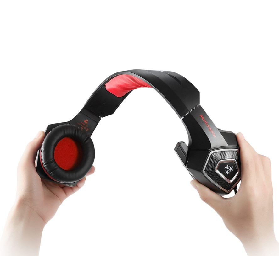 Casti gaming, hunterspider V1 pro, super deep bass, lumina LED in 7 culori, microfon noise cancelling, protectie ureche din piele, negru-rosu
