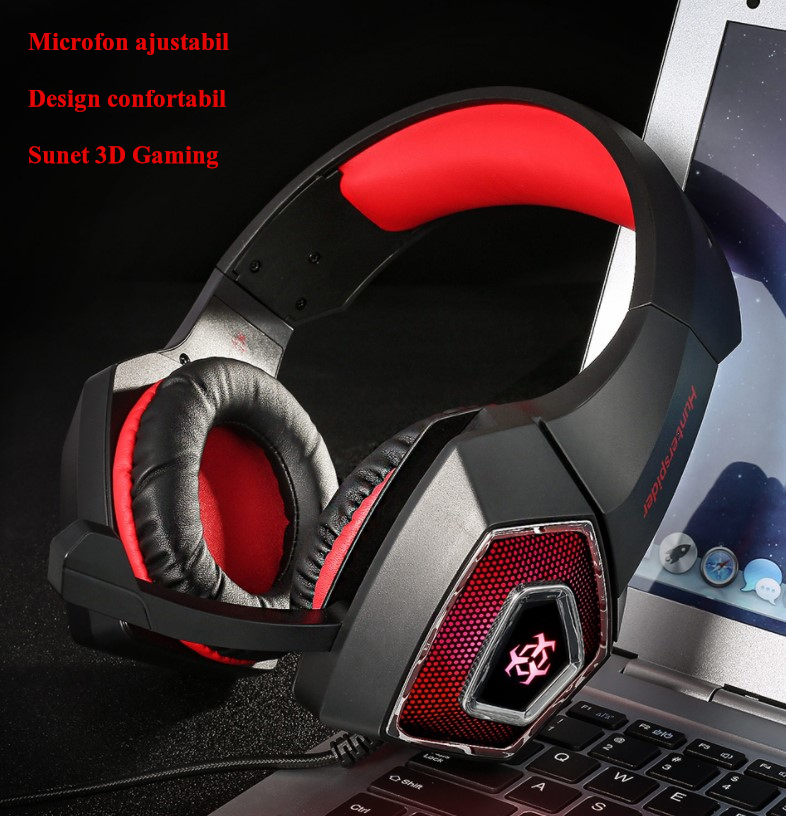 Casti gaming, hunterspider V1 pro, super deep bass, lumina LED in 7 culori, microfon noise cancelling, protectie ureche din piele, negru-rosu