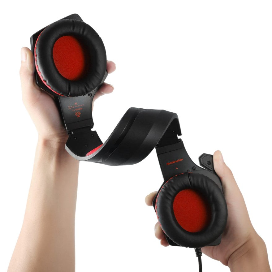 Casti gaming, hunterspider V1 pro, super deep bass, lumina LED in 7 culori, microfon noise cancelling, protectie ureche din piele, negru-rosu