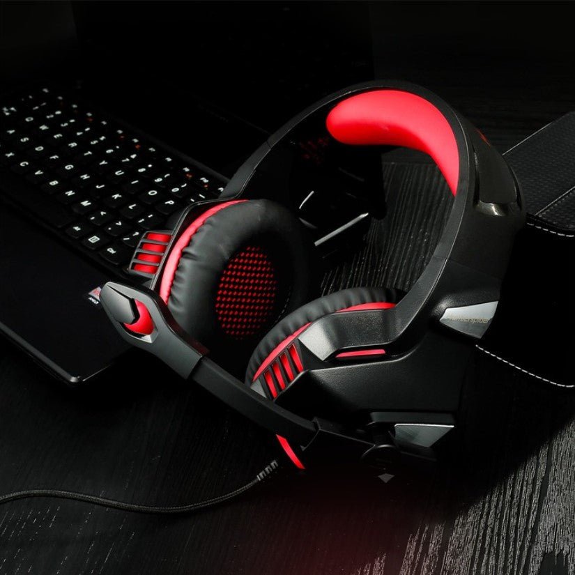 Casti gaming, HunterSpider V3 pro, super deep bass, lumina LED, pentru PC, PS, xbox, microfon noise cancelling, protectie ureche din piele, rosu - BUZ.RO