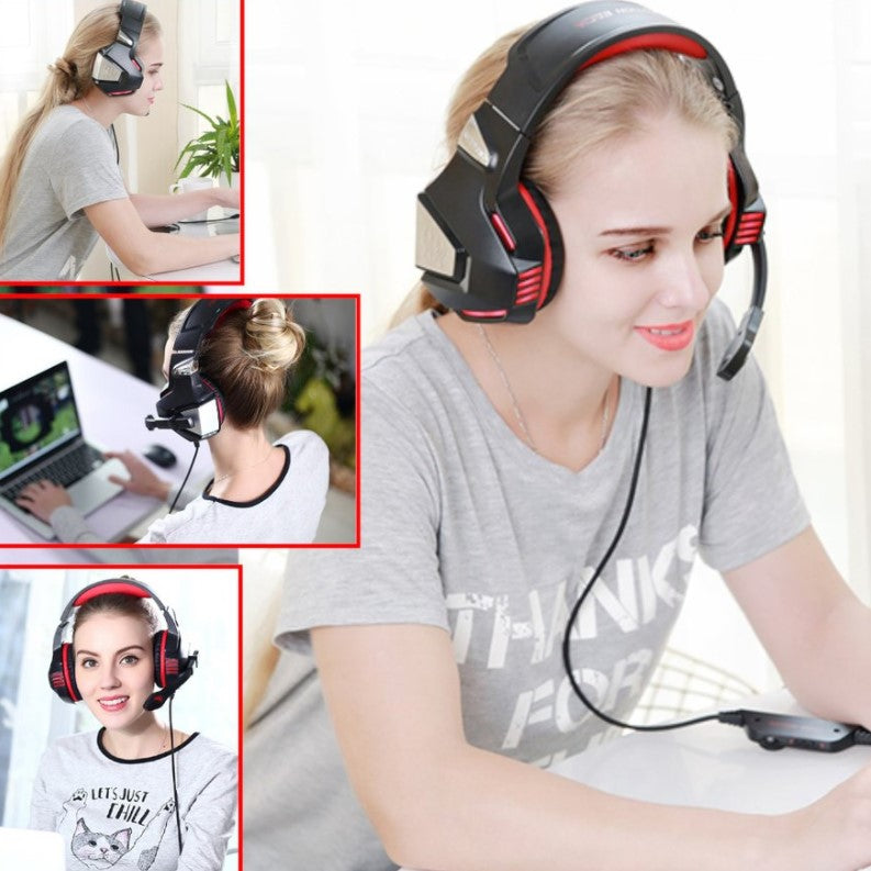 Casti gaming, HunterSpider V3 pro, super deep bass, lumina LED, pentru PC, PS, xbox, microfon noise cancelling, protectie ureche din piele, rosu