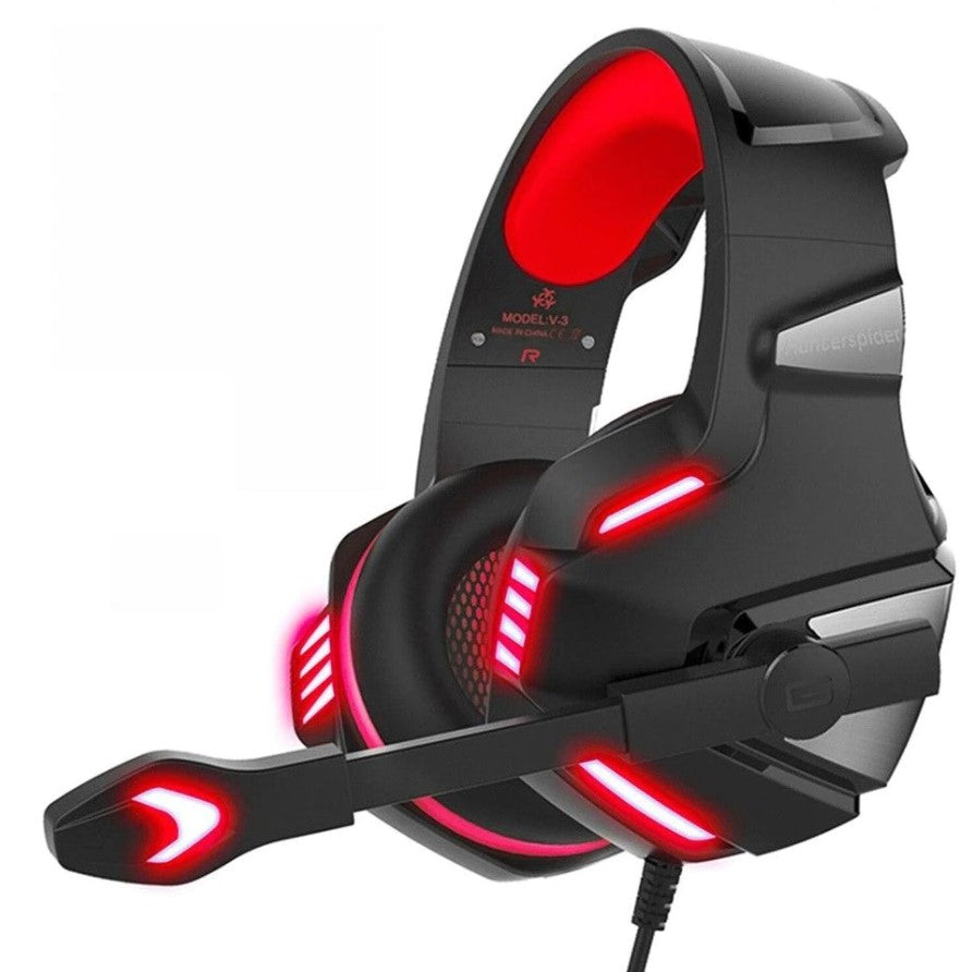 Casti gaming, HunterSpider V3 pro, super deep bass, lumina LED, pentru PC, PS, xbox, microfon noise cancelling, protectie ureche din piele, rosu