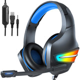 Casti gaming, jack 3 mm, iluminare LED, control volum, pentru PC, PS, xbox, negru-albastru