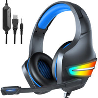 Casti gaming, jack 3 mm, iluminare LED, control volum, pentru PC, PS, xbox, negru-albastru