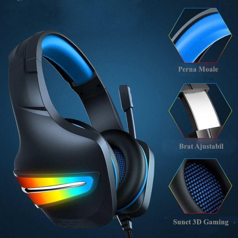 Casti gaming, jack 3 mm, iluminare LED, control volum, pentru PC, PS, xbox, negru-albastru