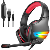 Casti gaming, jack 3.5 mm, iluminare LED, control volum, pentru PC, PS, xbox, negru-rosu