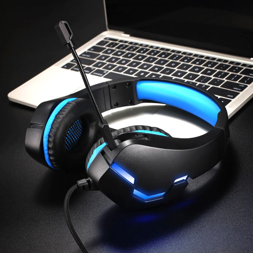 Casti gaming, pentru jocuri, USB, stereo cu fir, RGB, microfon noise cancelling, LED, deep bass, albastru-negru