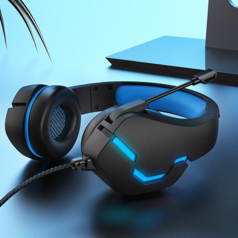 Casti gaming, pentru jocuri, USB, stereo cu fir, RGB, microfon noise cancelling, LED, deep bass, albastru-negru
