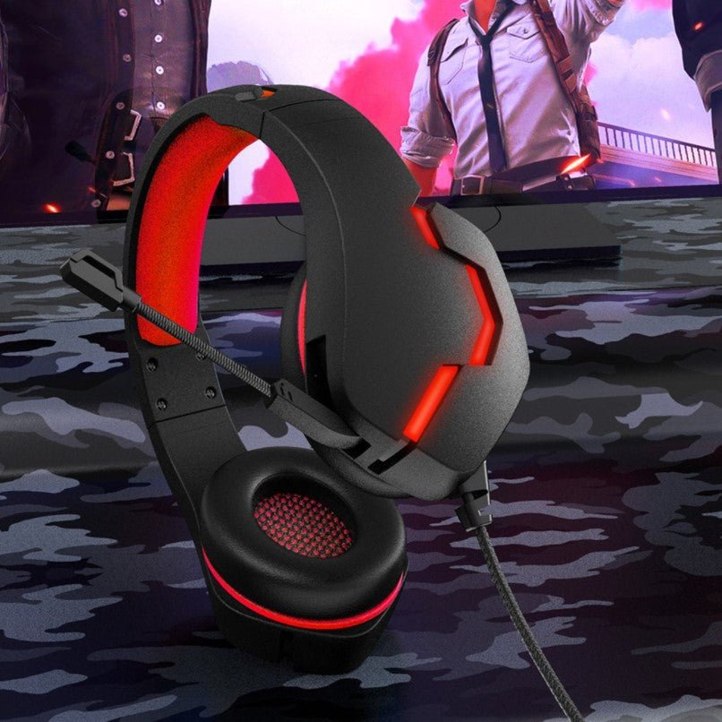 Casti gaming, pentru jocuri, USB, stereo cu fir, RGB, microfon noise cancelling, LED, deep bass, rosu - negru - BUZ.RO