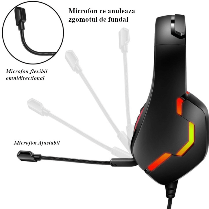Casti gaming, pentru jocuri, USB, stereo cu fir, RGB, microfon noise cancelling, LED, deep bass, rosu - negru - BUZ.RO