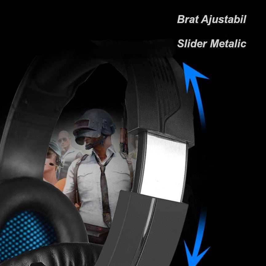 Casti gaming, stereo, cu lumina LED, super deep bass, pentru PC / XBOX / PS, microfon noise cancelling, negru - albastru - BUZ.RO