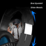 Casti gaming, stereo, cu lumina LED, super deep bass, pentru PC / XBOX / PS, microfon noise cancelling, negru - albastru - BUZ.RO