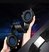 Casti gaming, stereo, cu lumina LED, super deep bass, pentru PC / XBOX / PS, microfon noise cancelling, negru - albastru - BUZ.RO