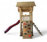 Casuta de lemn gradina pt copii cu tobogan, placa de catarare, lada de nisip, bancute,complex joaca, grinzi 10x10cm - BUZ.RO