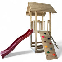 Casuta de lemn gradina pt copii cu tobogan, placa de catarare, lada de nisip, bancute,complex joaca, grinzi 10x10cm