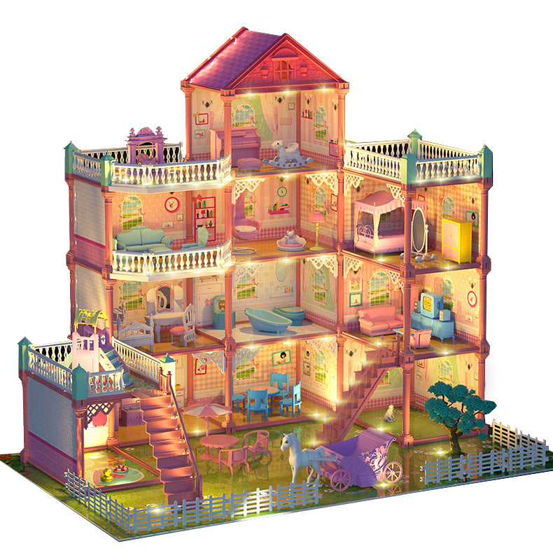 Casuta de papusi, casa papusi cu mobilier si jucarii, iluminat cu LED, DIY, 80x72x69 cm